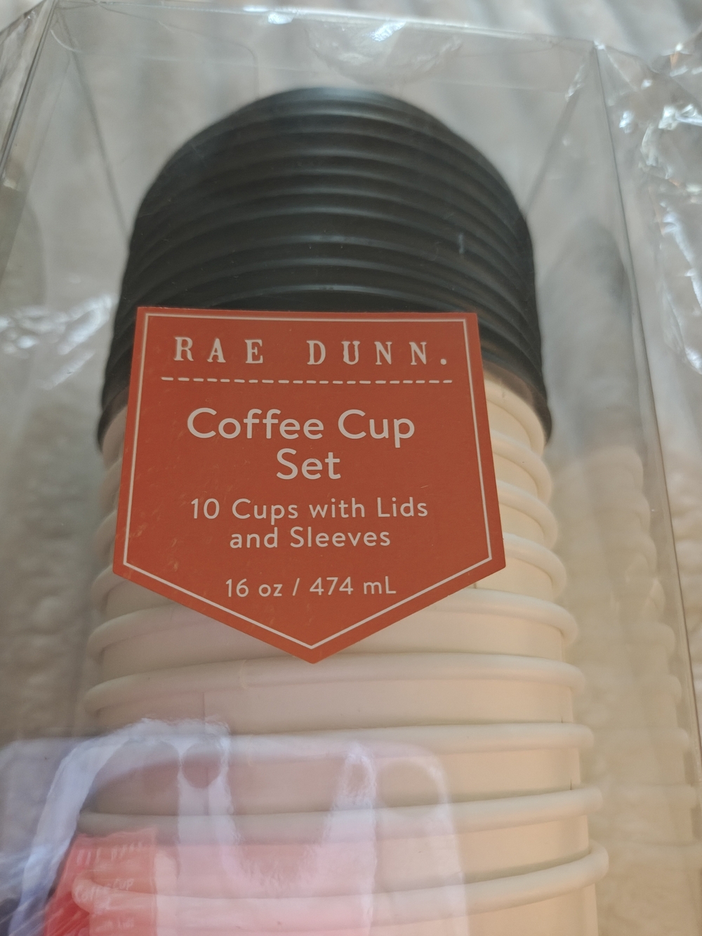 Rae Dunn Black and Cream Coffee Cup Set with Lids & Sleeves